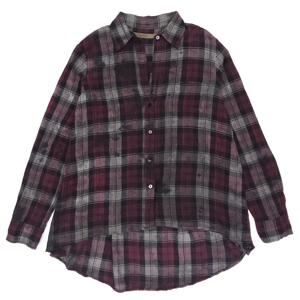 ENZA COSTA Hi Lo Top Plaid Button Down Plaid Minimal Grunge Hipster Boho Indie